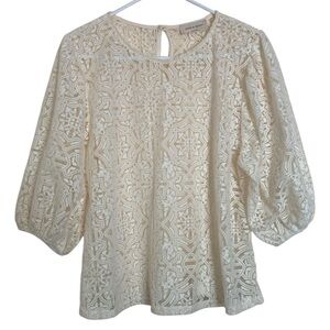 SAINTS & HEARTS Cream Sheer Lace Puff Sleeve Blouse Boho Romantic Top, Feminine